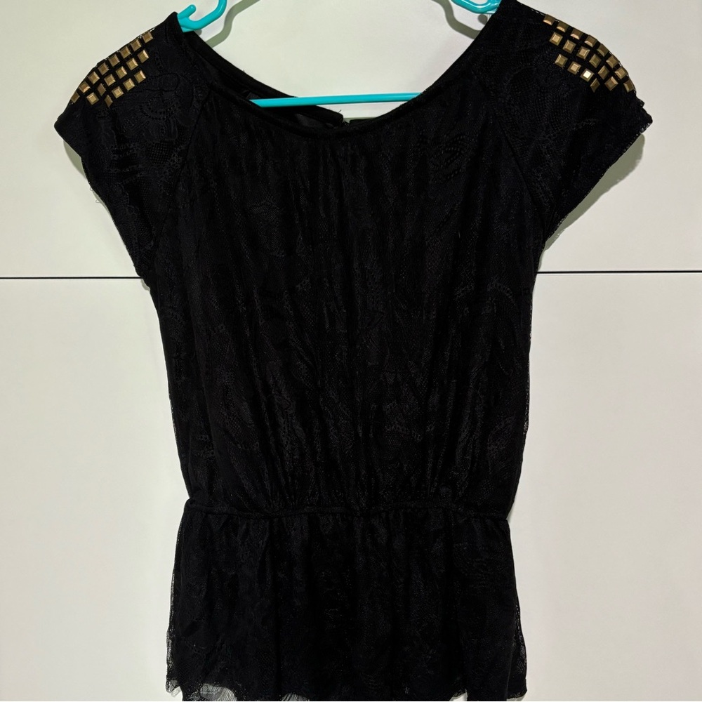 NWT Womens Maeve Top Medium Lace Black Y2K Vintage Studded Ruched Elastic Waist